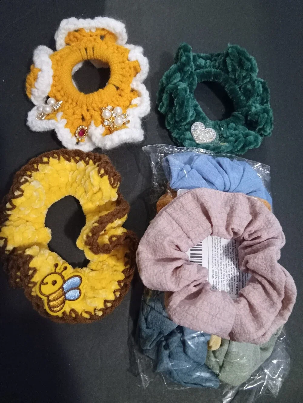 3 Plush Hand Crocheted and 7 Fabric Scrunchies